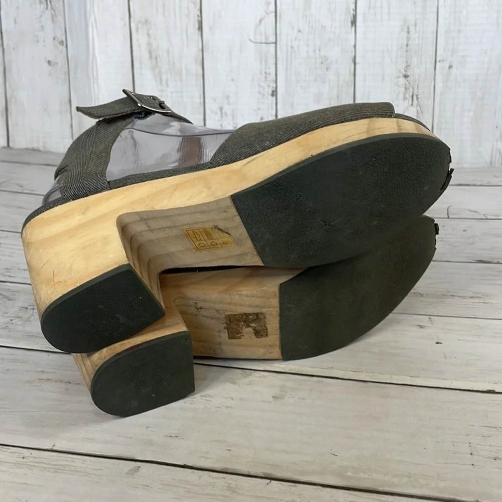 Kelsi Dagger Brooklyn Gray Denim Wooden Platform Heel Sandals